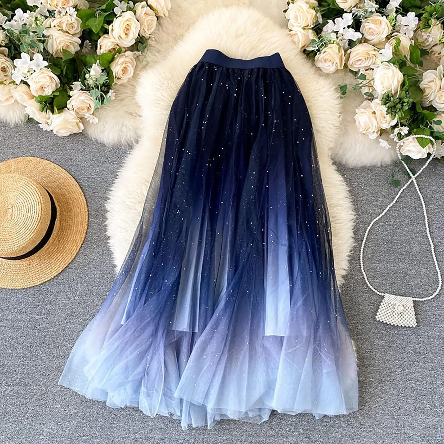 Sequin Long Tulle Skirt for Women High Waist Layered Maxi Tutu Skirts Elegant Gradient A-Line Party Wedding Tutu Skirts