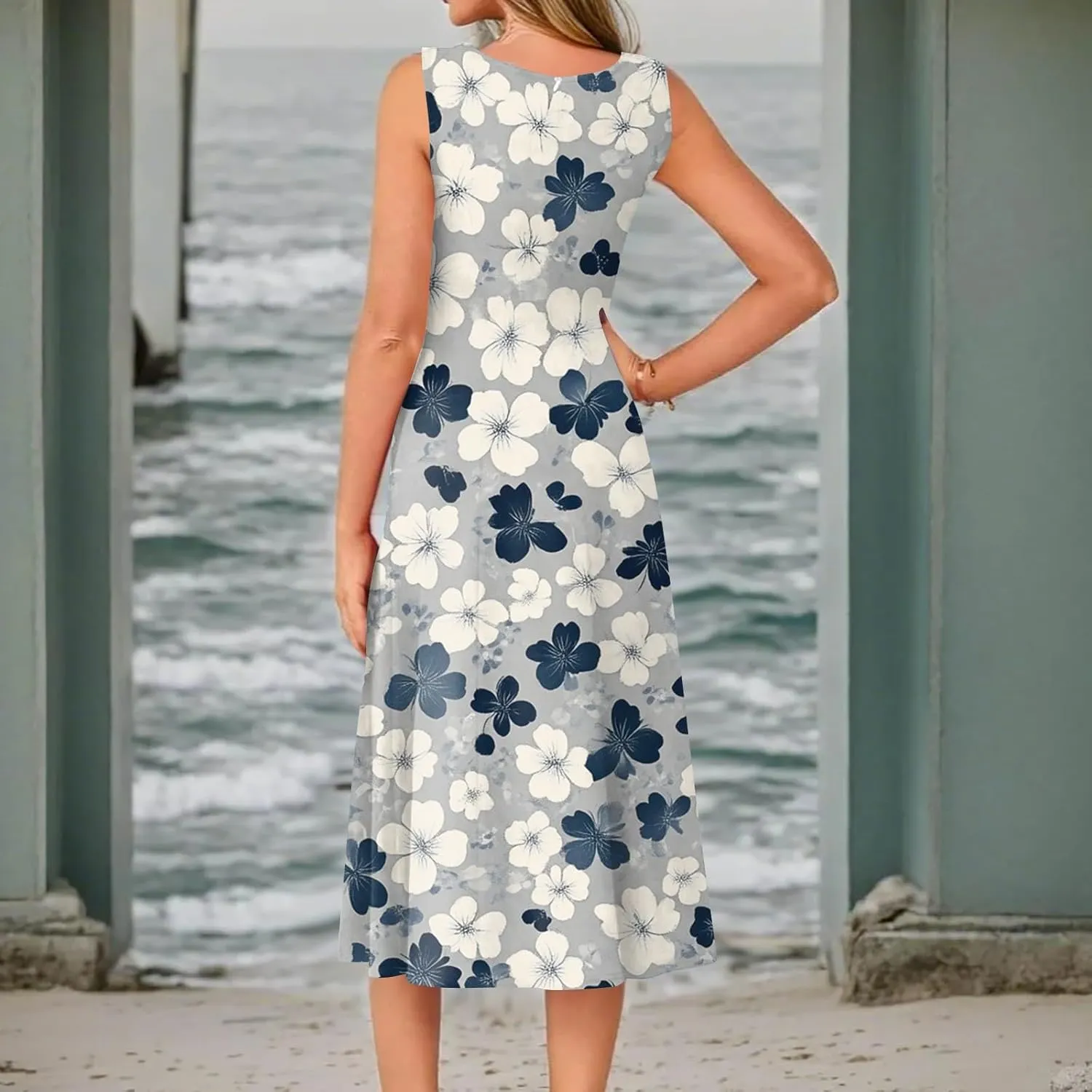 Summer Dresses for Women 2025 Midi Short Sleeve O Neck Sleeveless Dresses Beach Sundress A Line Dress with Side Pocket
