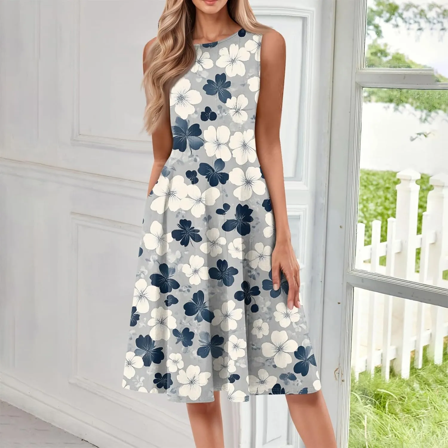 Summer Dresses for Women 2025 Midi Short Sleeve O Neck Sleeveless Dresses Beach Sundress A Line Dress with Side Pocket
