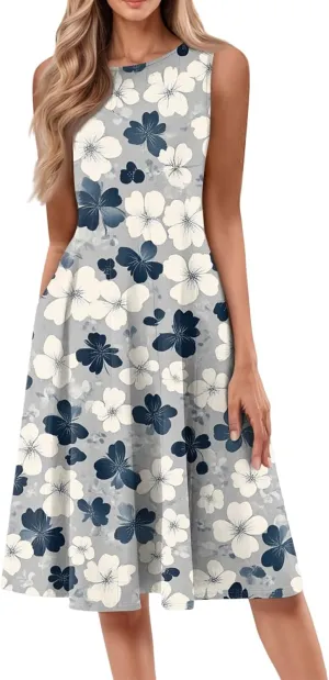 Summer Dresses for Women 2025 Midi Short Sleeve O Neck Sleeveless Dresses Beach Sundress A Line Dress with Side Pocket