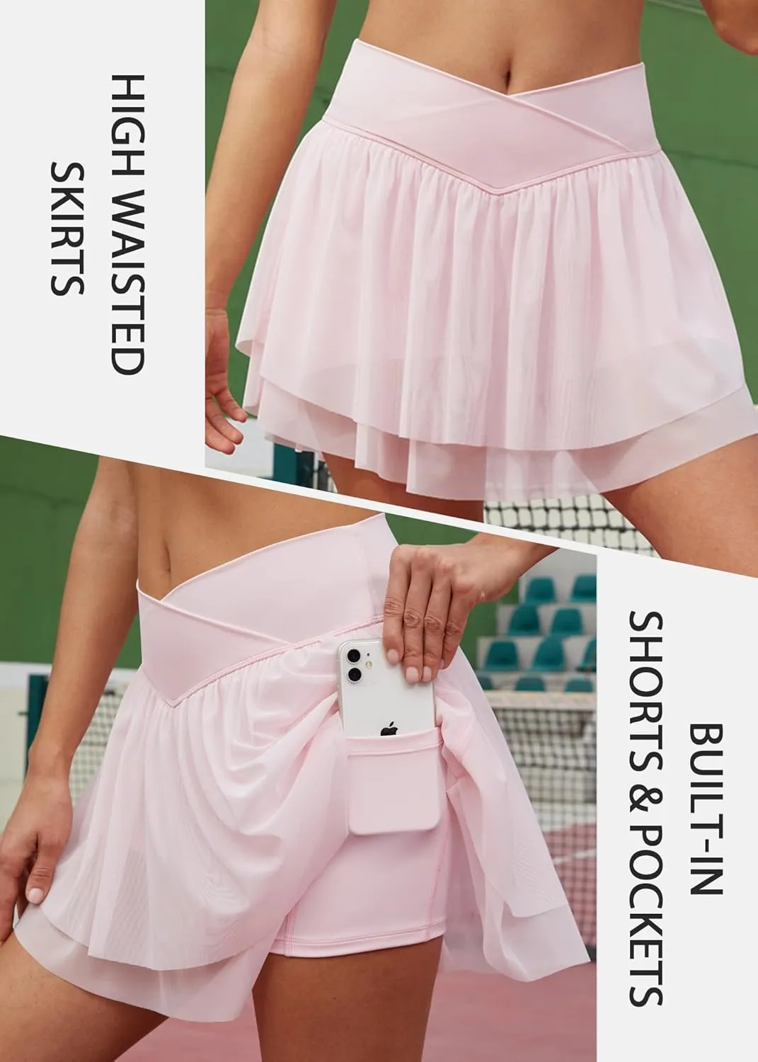 Tennis Skirts for Women Crossover High Waisted Lightweight Pleated Ruffle Mini Workout Skorts with Pockets