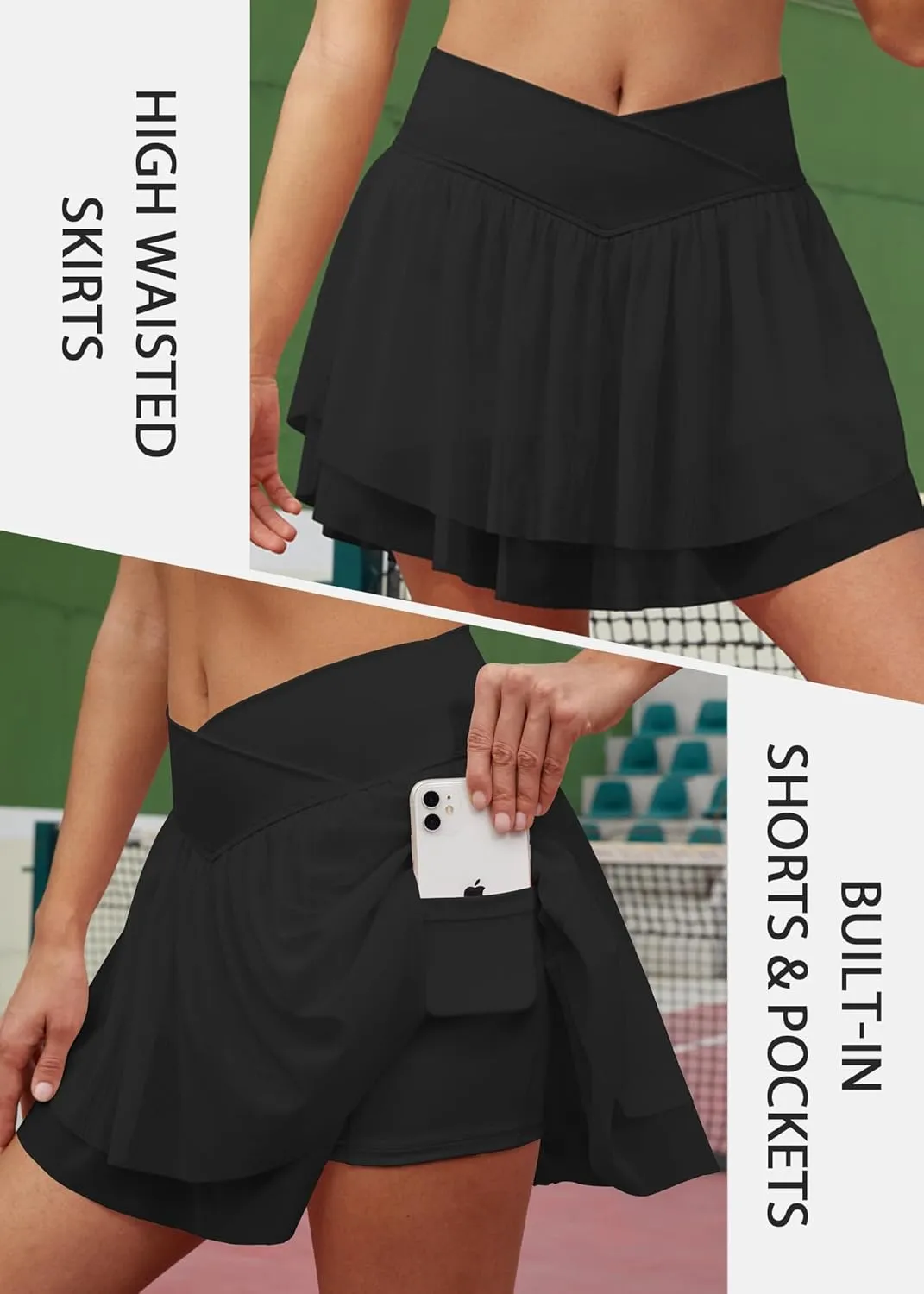 Tennis Skirts for Women Crossover High Waisted Lightweight Pleated Ruffle Mini Workout Skorts with Pockets