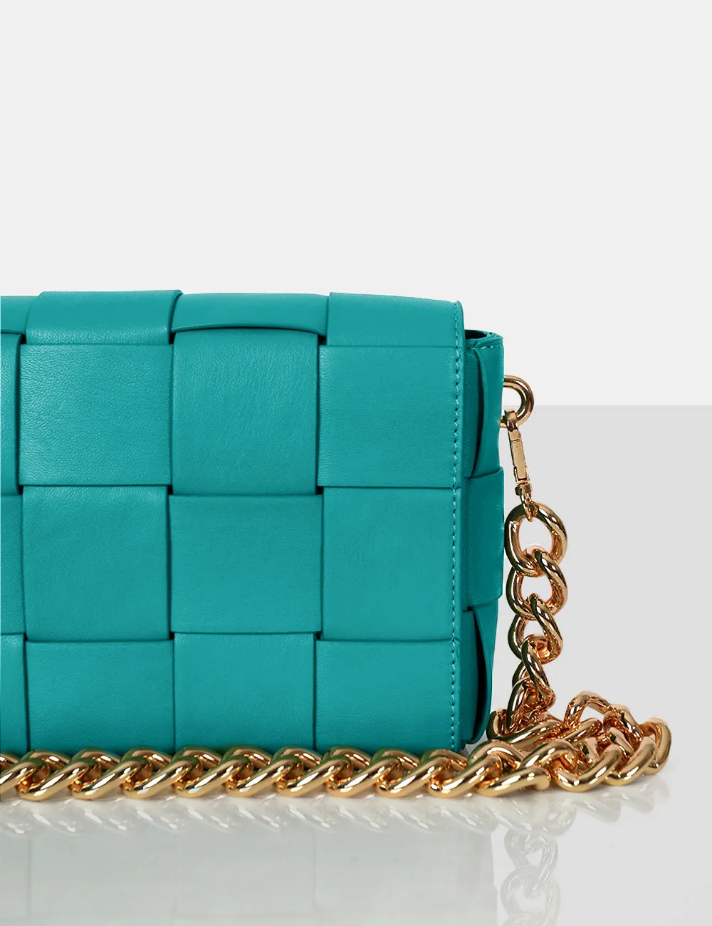 The Mayan Teal Weave Gold Chain Detail Shoulder Bag