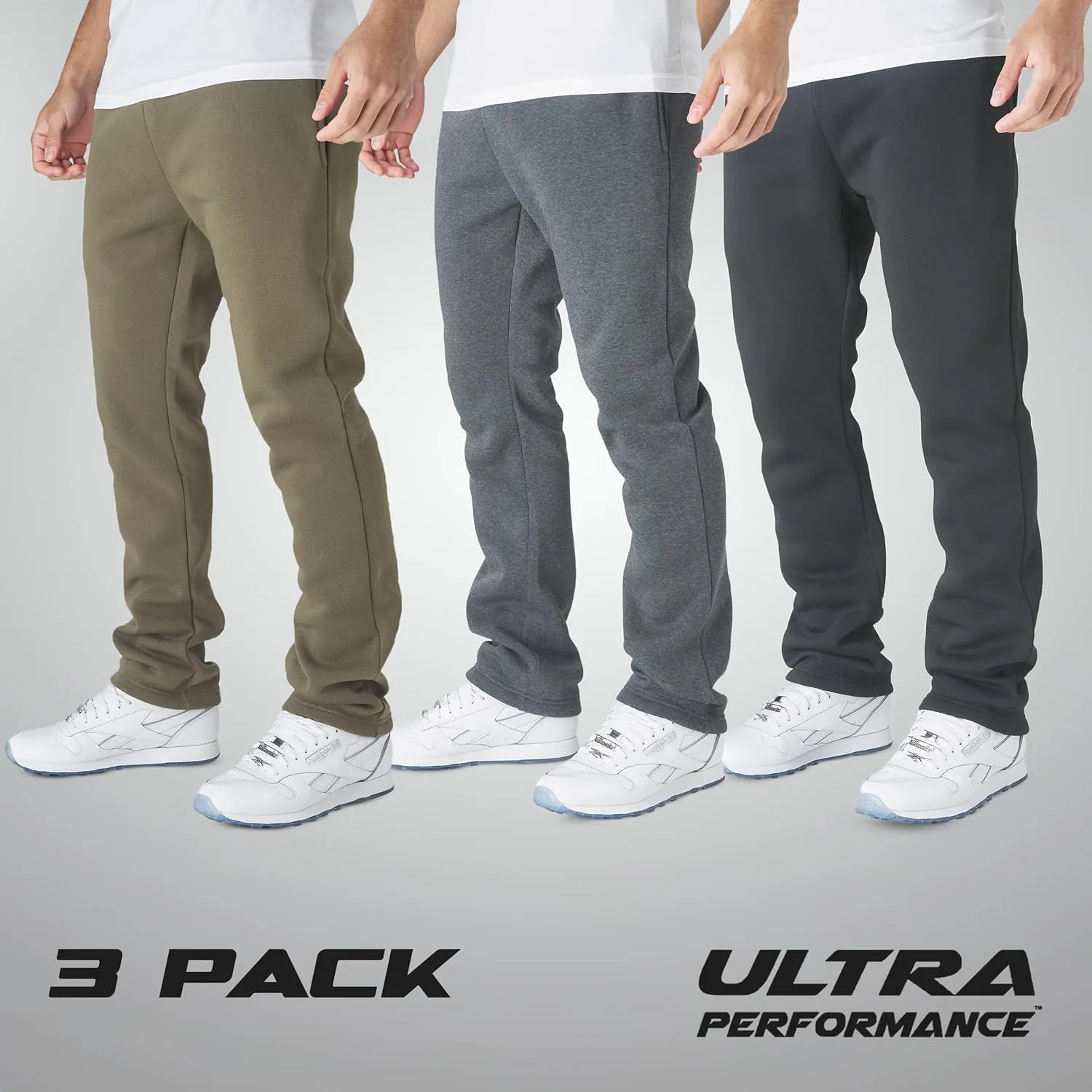 Ultra Performance 3 Pack Mens Fleece Wide Leg Sweatpants with Pockets, Open Bottom Workout Sweatpants for Men