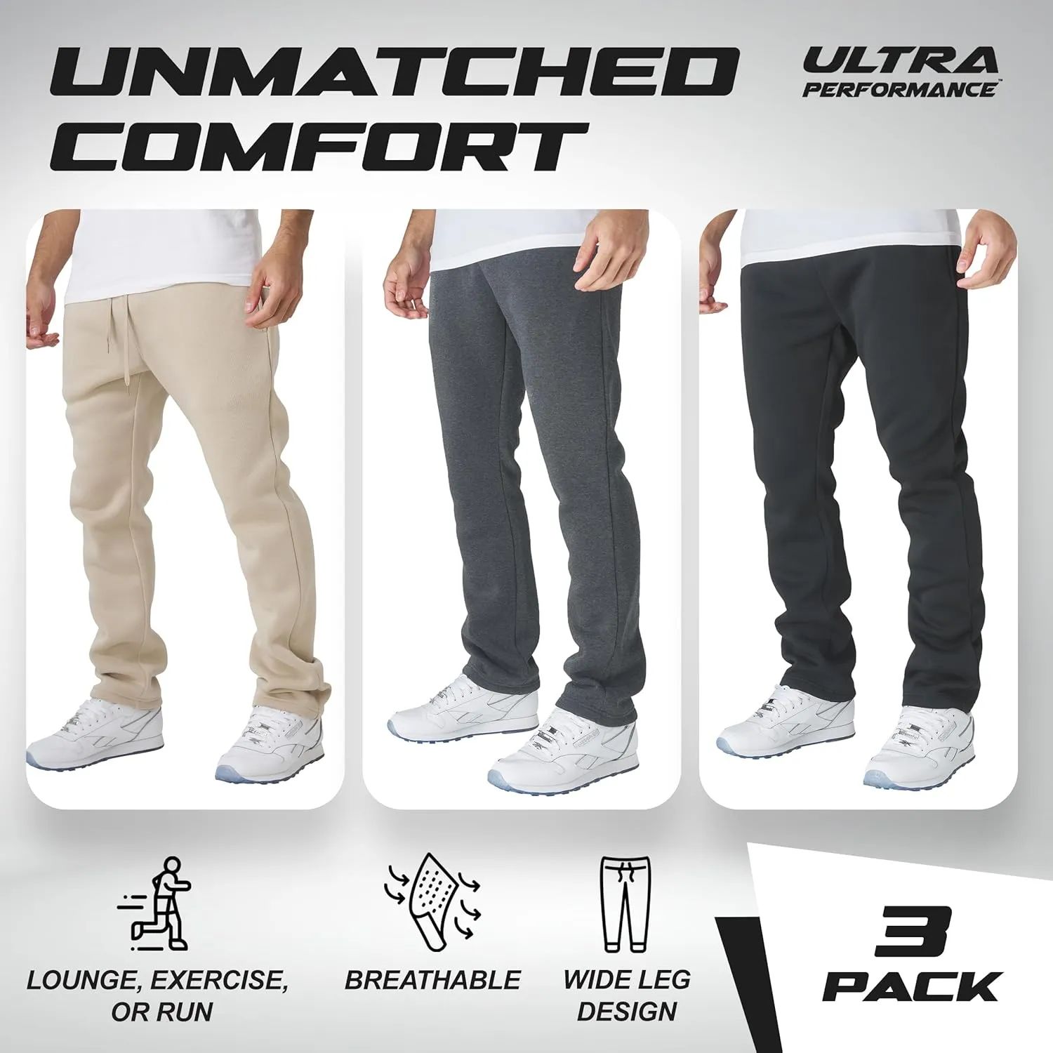 Ultra Performance 3 Pack Mens Fleece Wide Leg Sweatpants with Pockets, Open Bottom Workout Sweatpants for Men