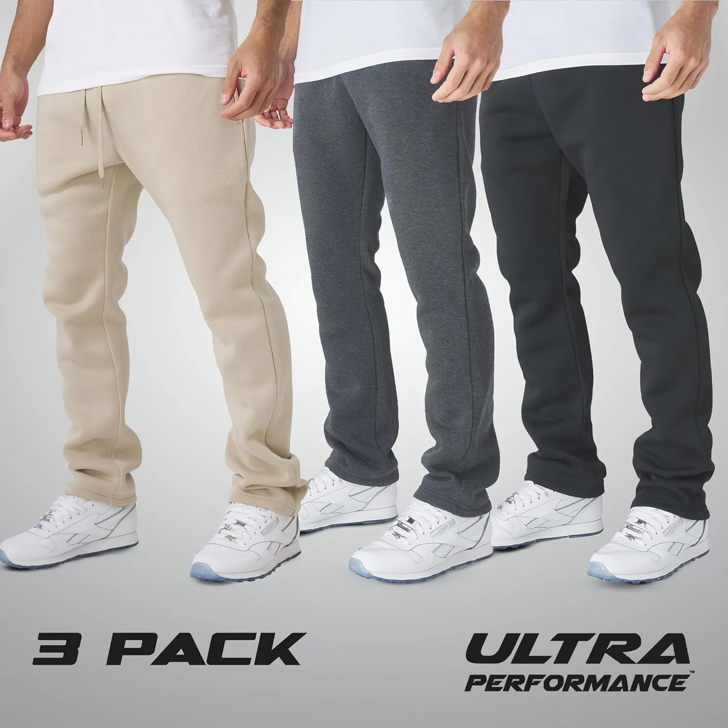 Ultra Performance 3 Pack Mens Fleece Wide Leg Sweatpants with Pockets, Open Bottom Workout Sweatpants for Men