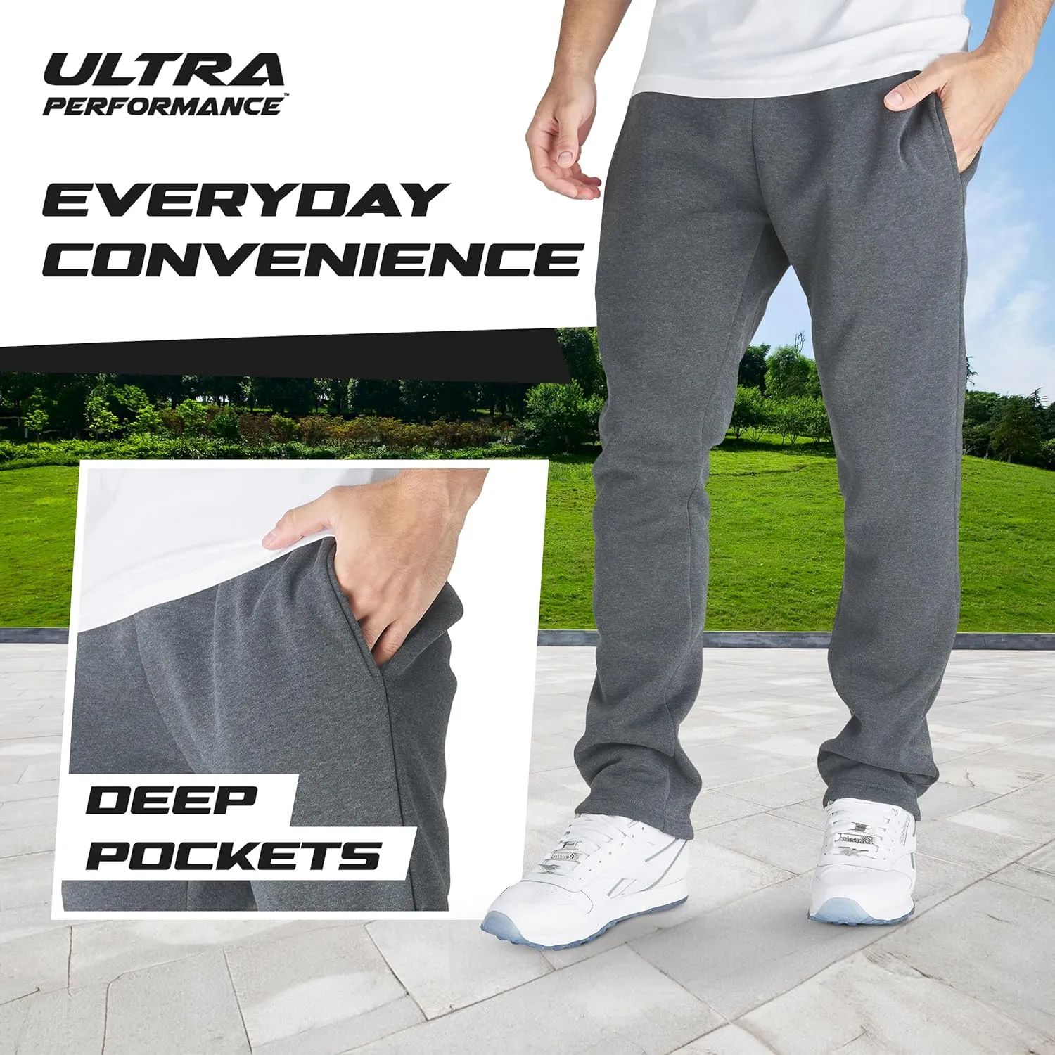 Ultra Performance 3 Pack Mens Fleece Wide Leg Sweatpants with Pockets, Open Bottom Workout Sweatpants for Men
