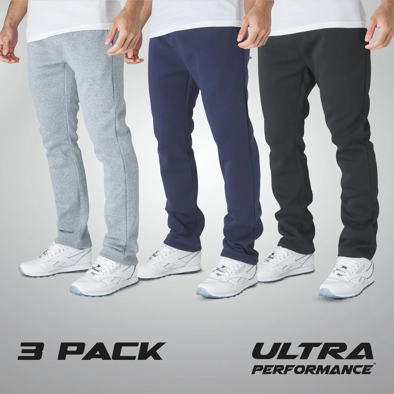 Ultra Performance 3 Pack Mens Fleece Wide Leg Sweatpants with Pockets, Open Bottom Workout Sweatpants for Men