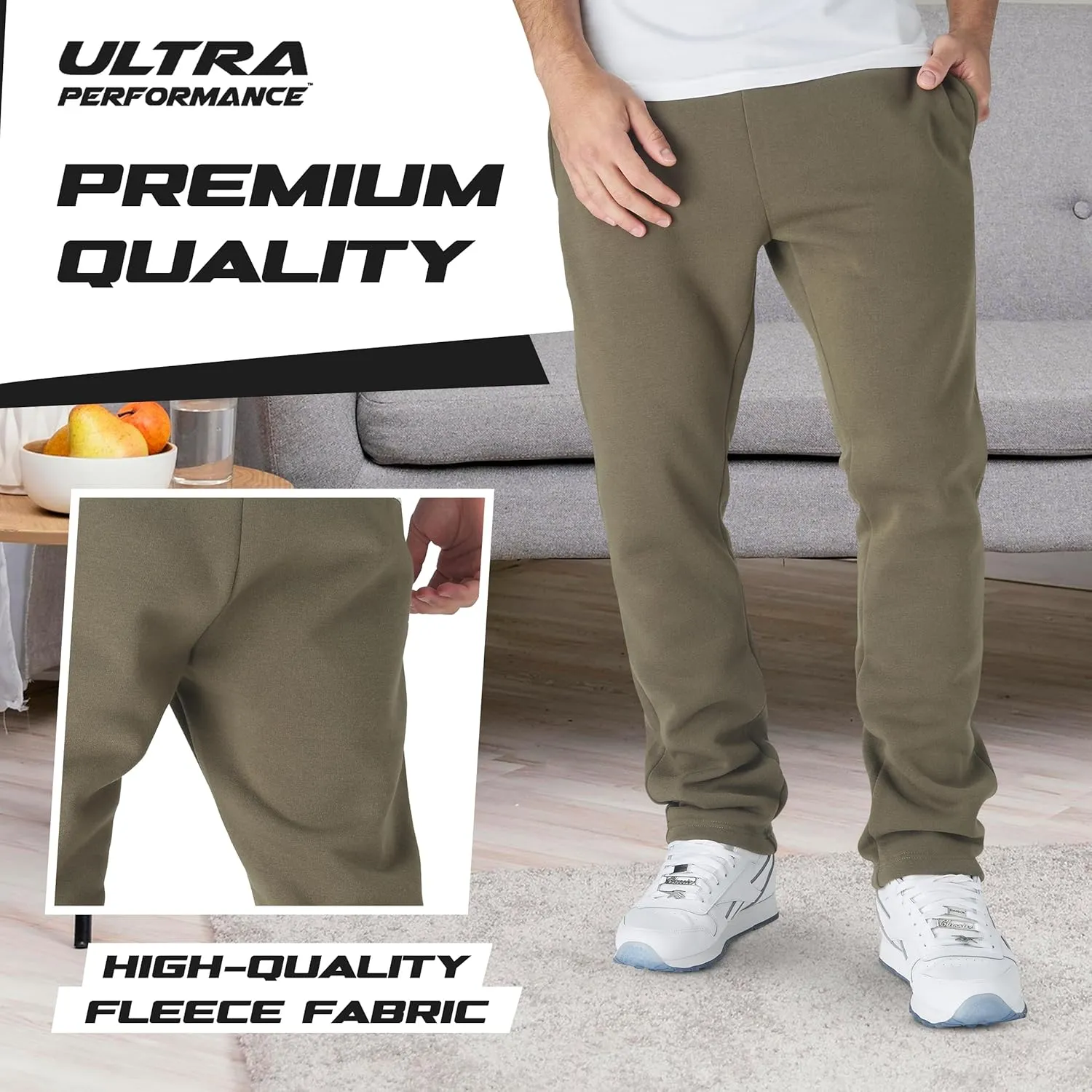 Ultra Performance 3 Pack Mens Fleece Wide Leg Sweatpants with Pockets, Open Bottom Workout Sweatpants for Men