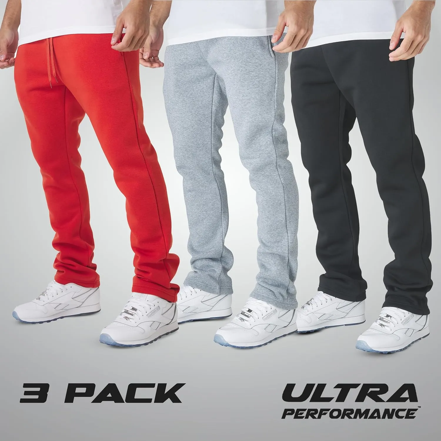Ultra Performance 3 Pack Mens Fleece Wide Leg Sweatpants with Pockets, Open Bottom Workout Sweatpants for Men