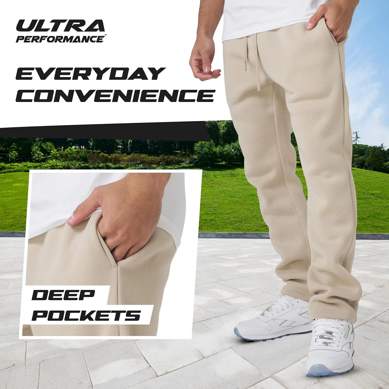 Ultra Performance 3 Pack Mens Fleece Wide Leg Sweatpants with Pockets, Open Bottom Workout Sweatpants for Men