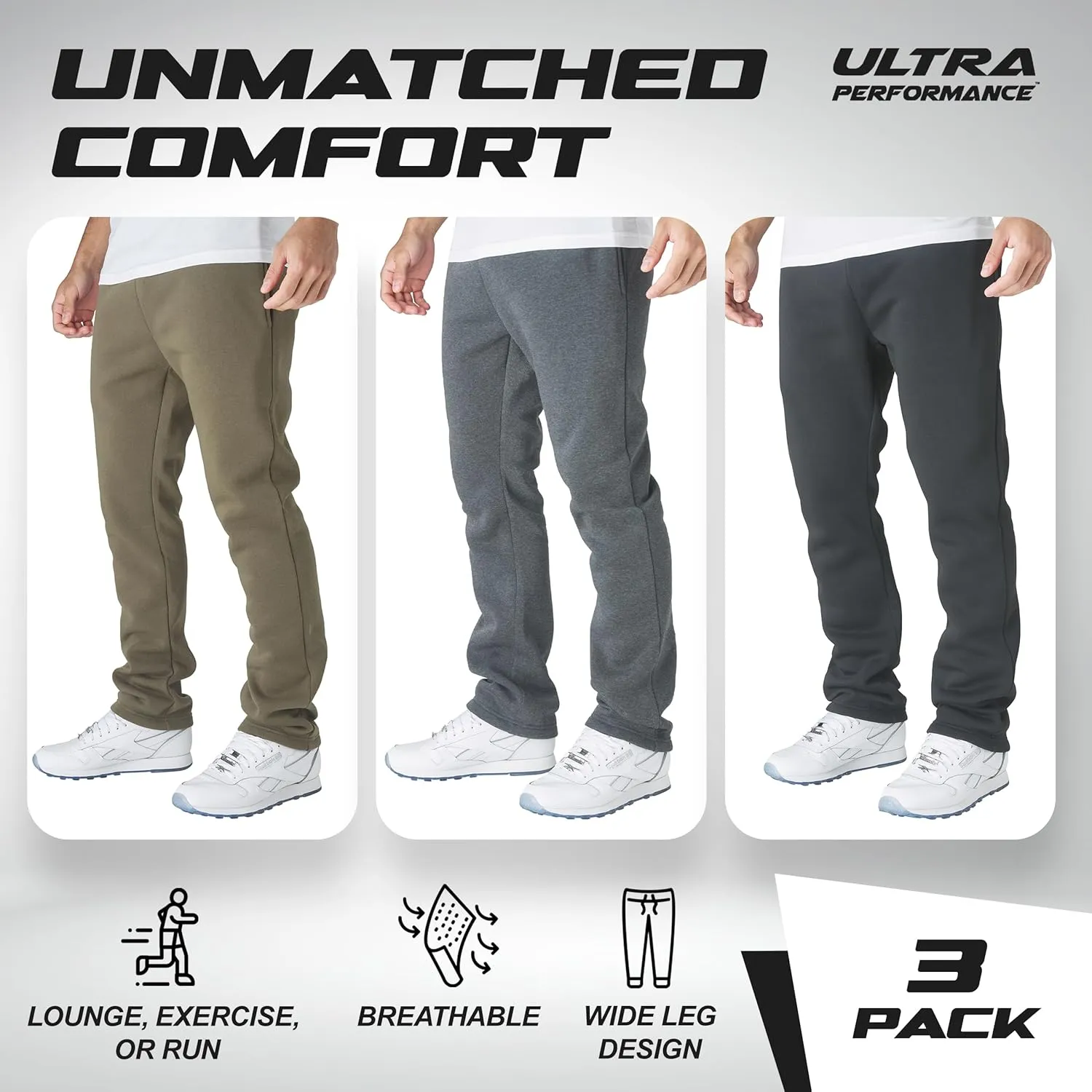 Ultra Performance 3 Pack Mens Fleece Wide Leg Sweatpants with Pockets, Open Bottom Workout Sweatpants for Men