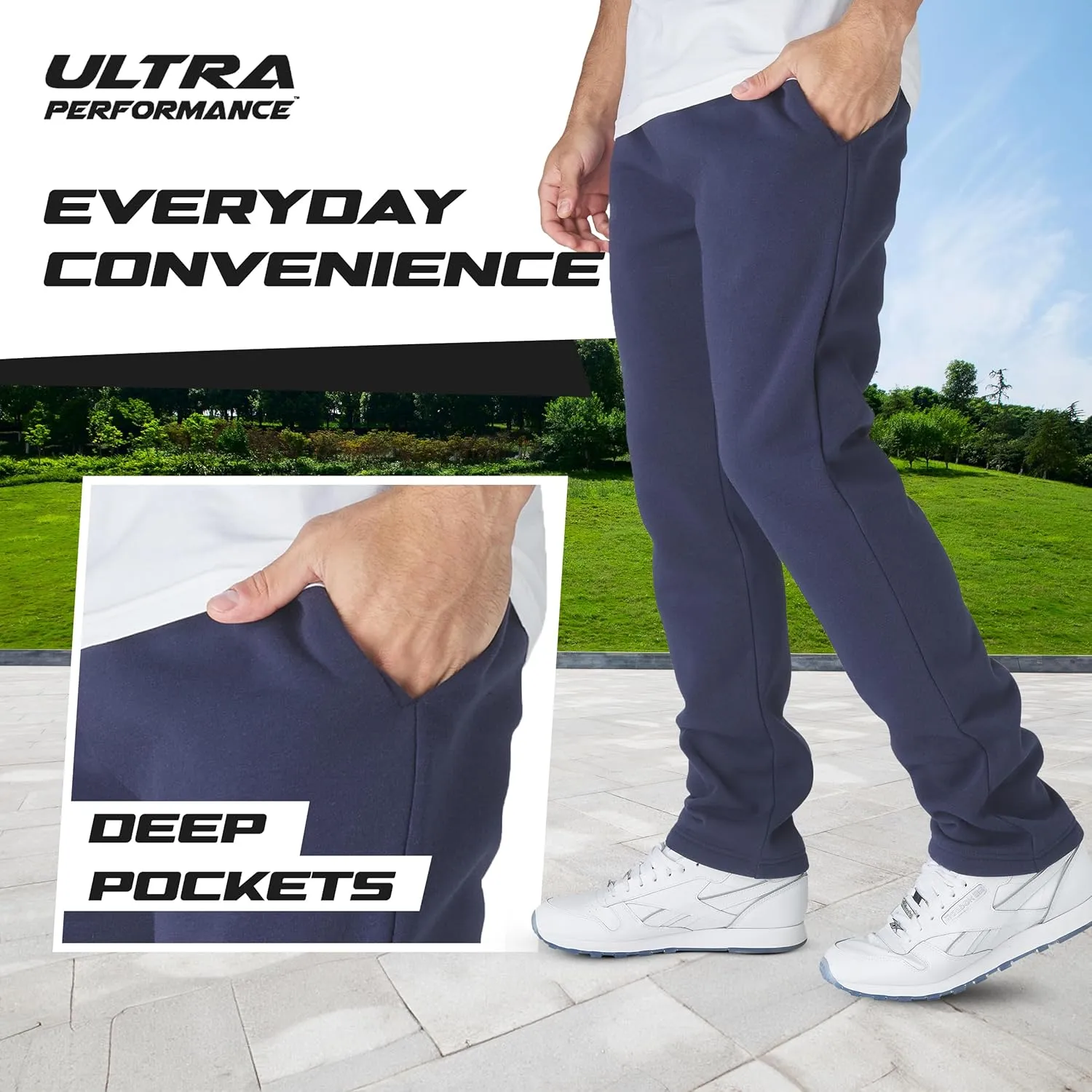 Ultra Performance 3 Pack Mens Fleece Wide Leg Sweatpants with Pockets, Open Bottom Workout Sweatpants for Men
