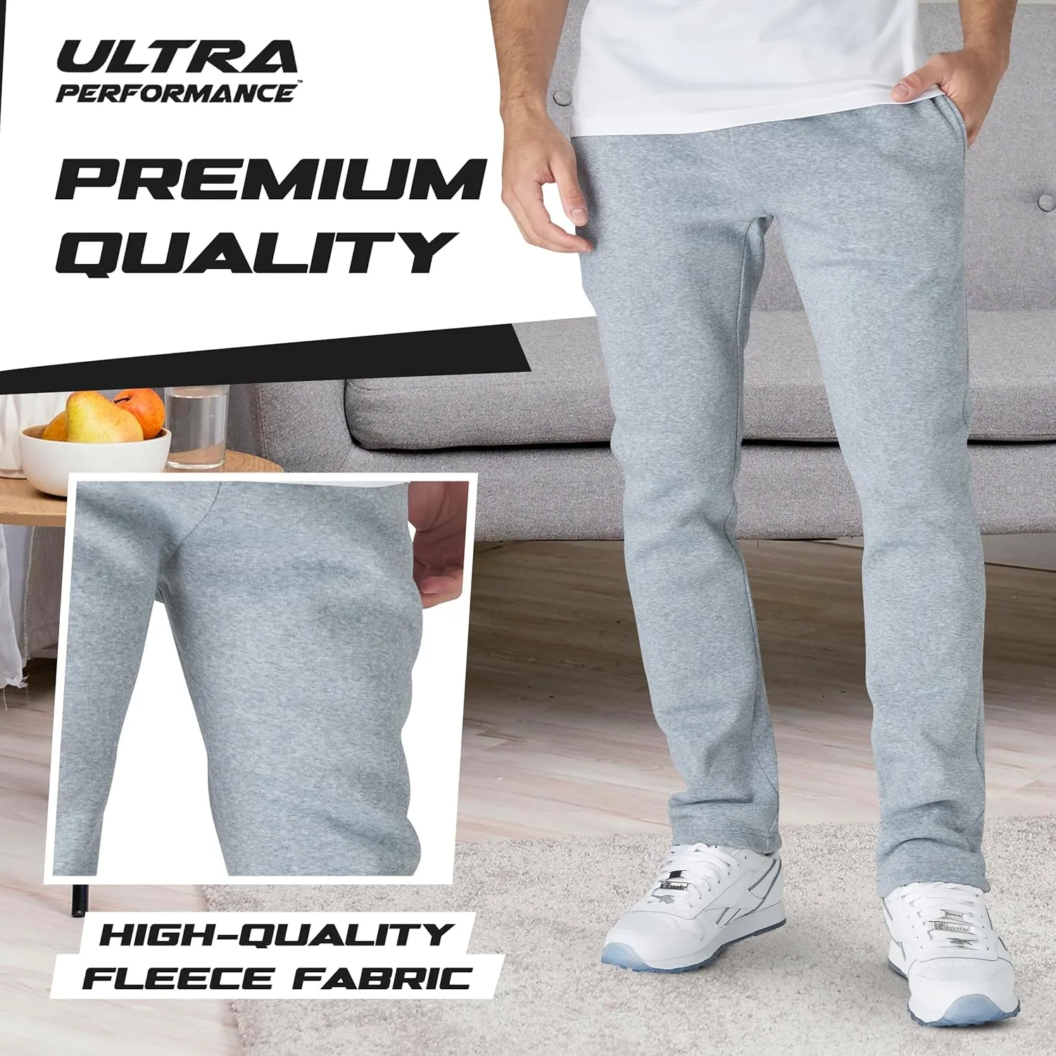 Ultra Performance 3 Pack Mens Fleece Wide Leg Sweatpants with Pockets, Open Bottom Workout Sweatpants for Men