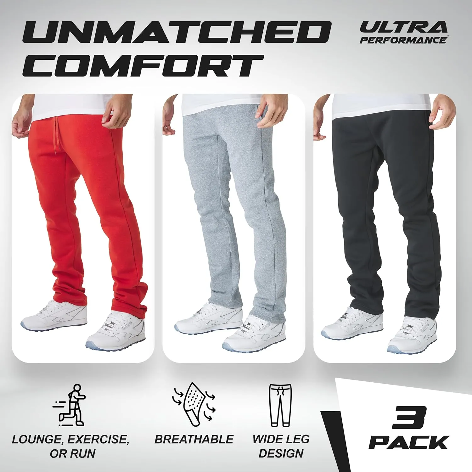 Ultra Performance 3 Pack Mens Fleece Wide Leg Sweatpants with Pockets, Open Bottom Workout Sweatpants for Men