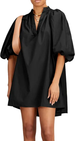 Women Babydoll Mini Dress Summer Casual Cotton V Neck Puff Lantern Sleeve Loose A Line Cute Dress