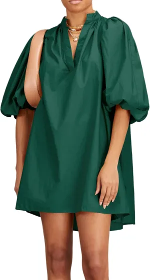 Women Babydoll Mini Dress Summer Casual Cotton V Neck Puff Lantern Sleeve Loose A Line Cute Dress