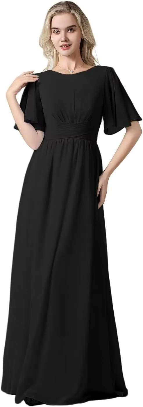 Women's Chiffon Flutter Sleeve Bridesmaid Dresses Long Scoop Neck Formal Evening Dress Wedding Guest Dress