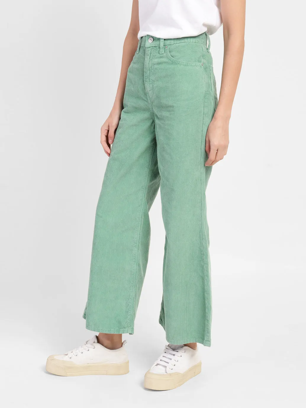 Women's Green Loose Fit High Rise Corduroy Jeans