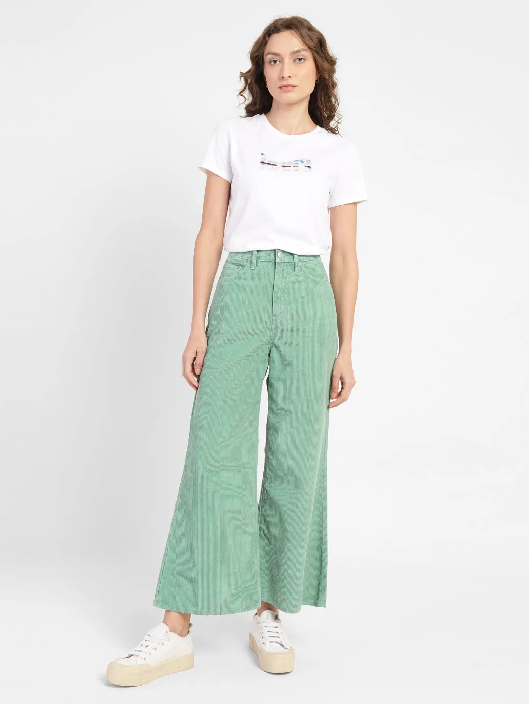 Women's Green Loose Fit High Rise Corduroy Jeans