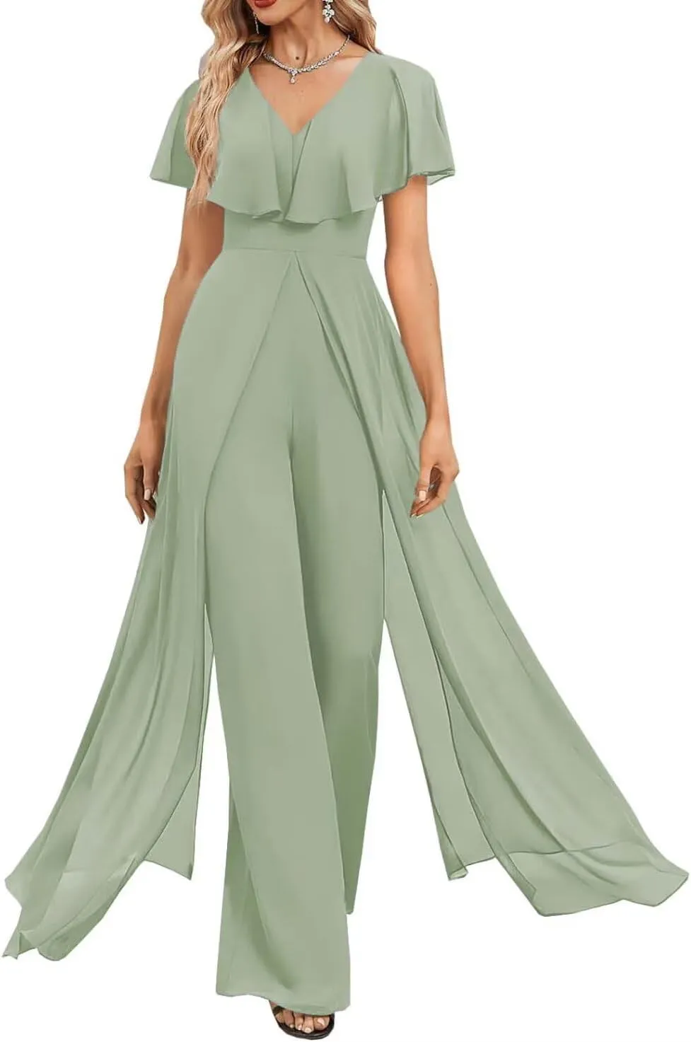 Women's One Pieces Outfit V Neck Short Puffy Sleeve Pants Jumpsuit Bridesmaid Pantsuits for Wedding Party