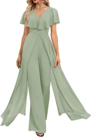 Women's One Pieces Outfit V Neck Short Puffy Sleeve Pants Jumpsuit Bridesmaid Pantsuits for Wedding Party