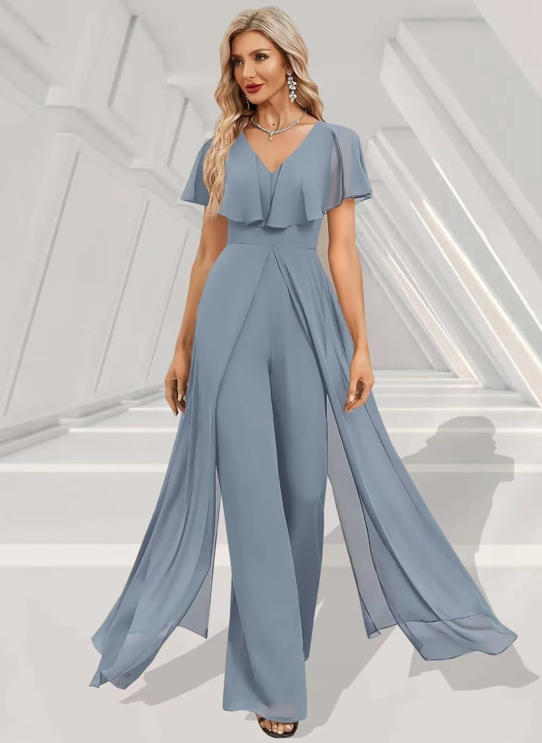 Women's One Pieces Outfit V Neck Short Puffy Sleeve Pants Jumpsuit Bridesmaid Pantsuits for Wedding Party