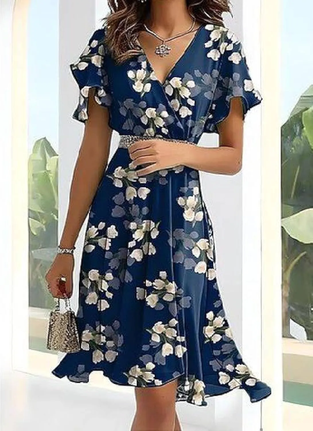 Women's Summer Dresses 2025 Casual Short Sleeve V Neck Ruffle Floral Print High Waist Flowy Mini Dress with Belt