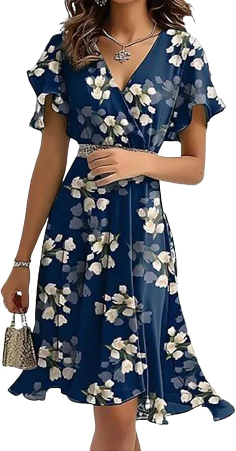 Women's Summer Dresses 2025 Casual Short Sleeve V Neck Ruffle Floral Print High Waist Flowy Mini Dress with Belt