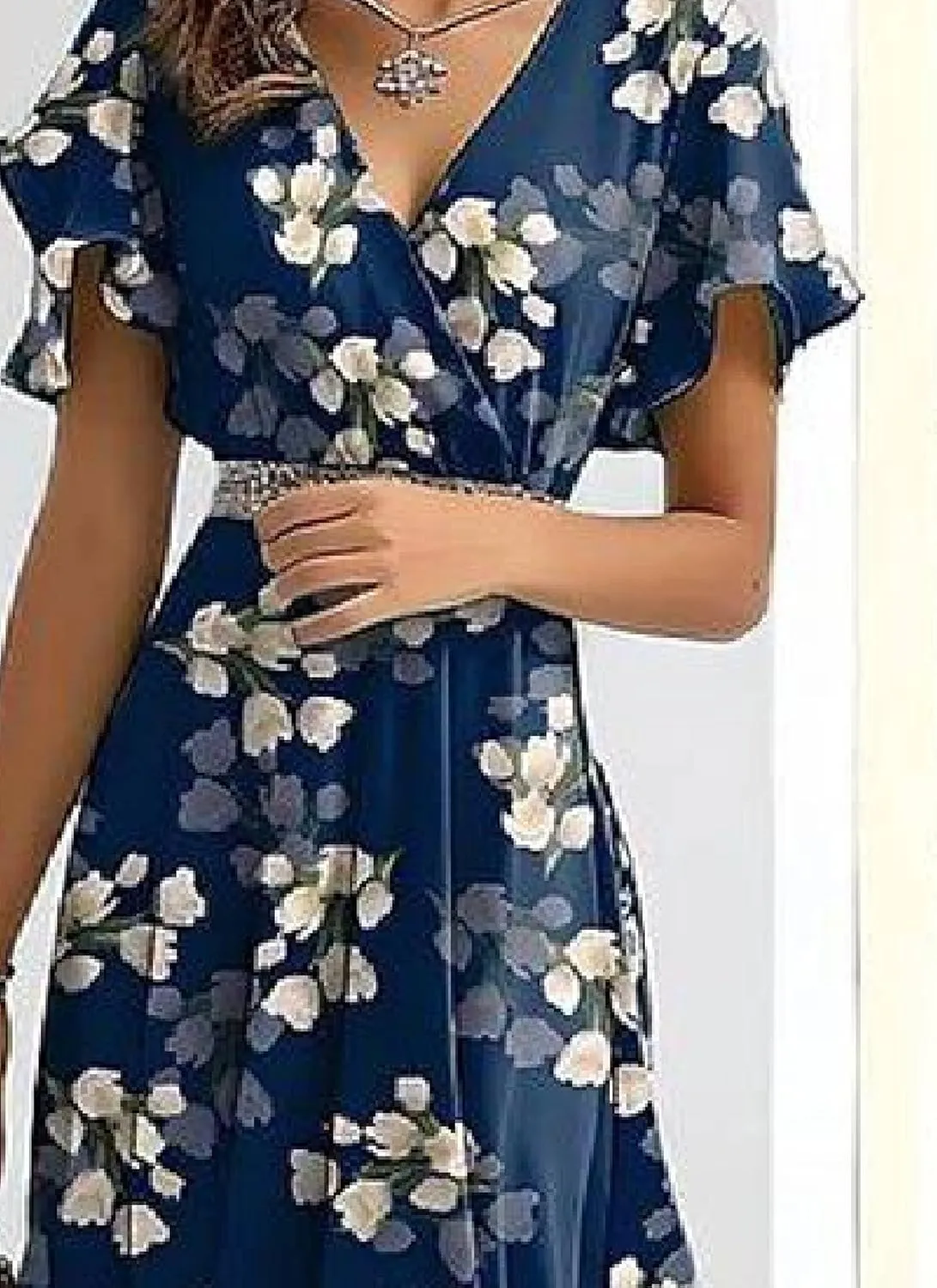 Women's Summer Dresses 2025 Casual Short Sleeve V Neck Ruffle Floral Print High Waist Flowy Mini Dress with Belt