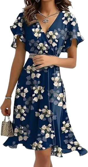 Women's Summer Dresses 2025 Casual Short Sleeve V Neck Ruffle Floral Print High Waist Flowy Mini Dress with Belt