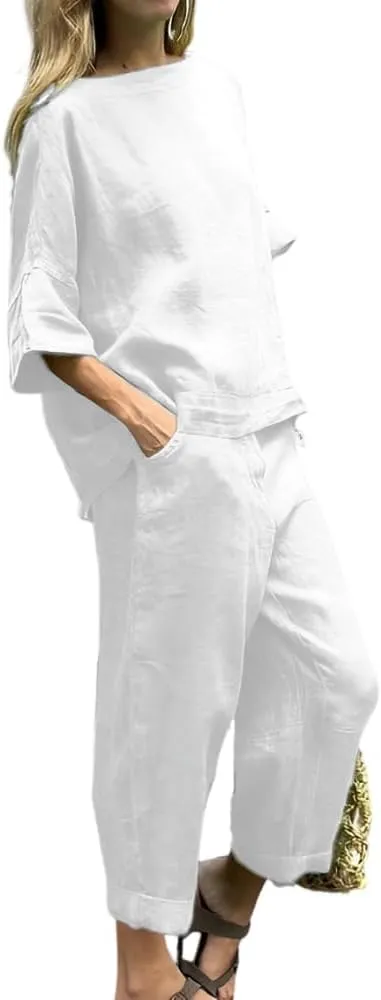 Womens Two Piece Linen Sets 3/4 Sleeve Blouse Top Loose Capri Pants Sets with Pockets Solid Color