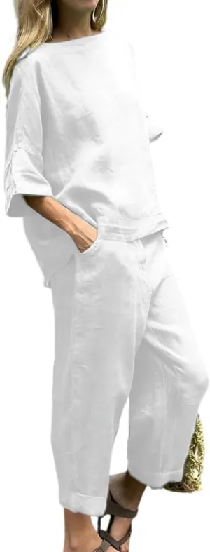 Womens Two Piece Linen Sets 3/4 Sleeve Blouse Top Loose Capri Pants Sets with Pockets Solid Color
