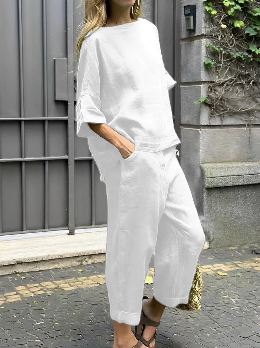 Womens Two Piece Linen Sets 3/4 Sleeve Blouse Top Loose Capri Pants Sets with Pockets Solid Color