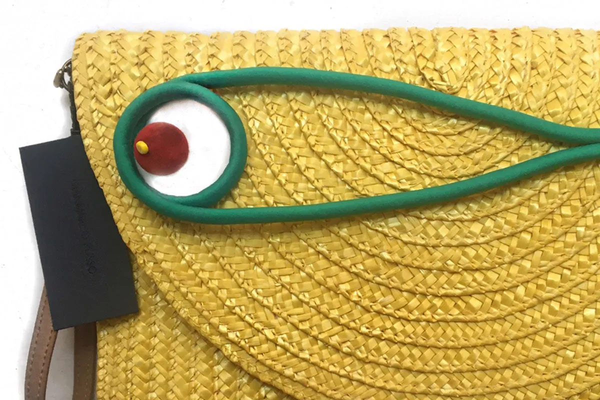Woven straw Yellow Fish Maxi Clutch