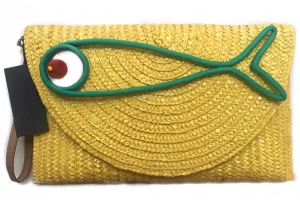 Woven straw Yellow Fish Maxi Clutch