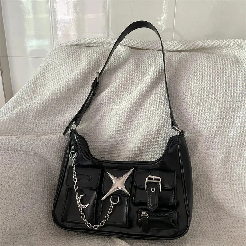 Y2K Casual Chains Motorcycle Fashion Harajuku Gothic Black Shoulder Bag