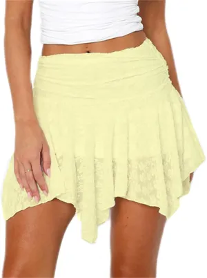 Y2K Lace Mini Skirt for Women Fairy Asymmetrical Layered Flowy Short Skirt High Waist Pleated Ruffle Half Slip Skirt