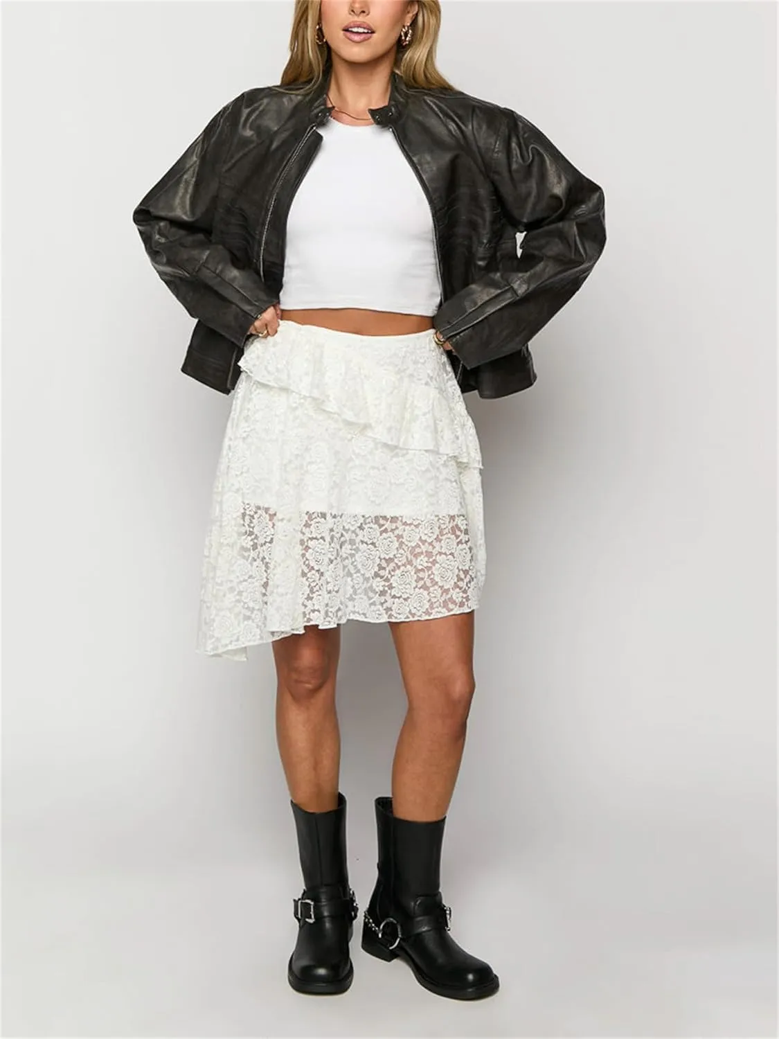 Y2K Lace Mini Skirt for Women Fairy Asymmetrical Layered Flowy Short Skirt High Waist Pleated Ruffle Half Slip Skirt