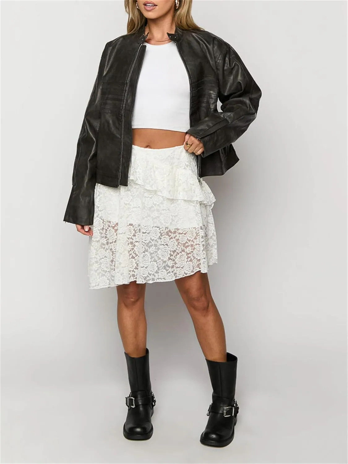 Y2K Lace Mini Skirt for Women Fairy Asymmetrical Layered Flowy Short Skirt High Waist Pleated Ruffle Half Slip Skirt