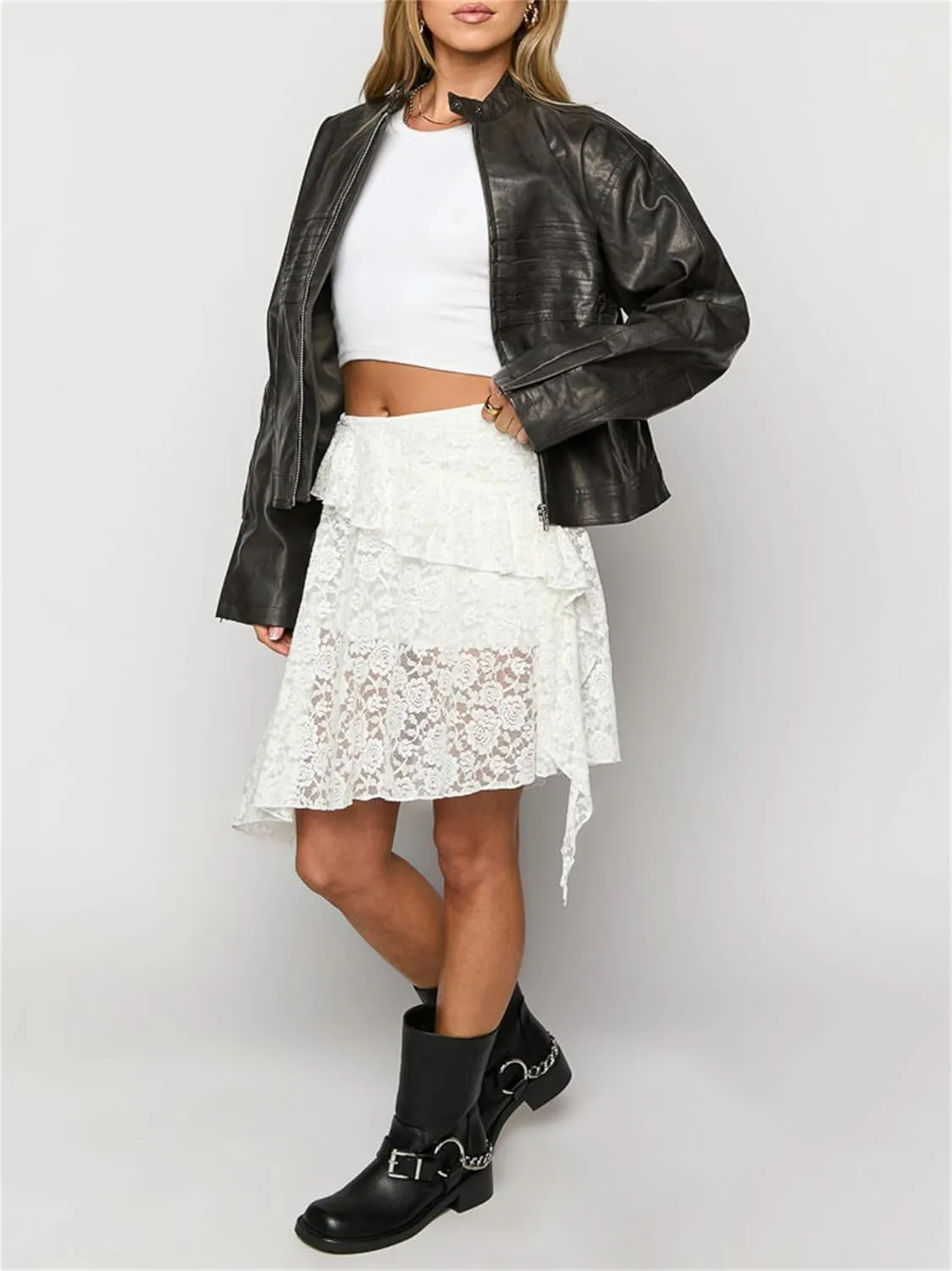 Y2K Lace Mini Skirt for Women Fairy Asymmetrical Layered Flowy Short Skirt High Waist Pleated Ruffle Half Slip Skirt