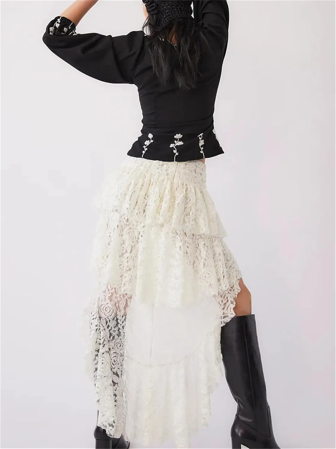 Y2K Lace Mini Skirt for Women Fairy Asymmetrical Layered Flowy Short Skirt High Waist Pleated Ruffle Half Slip Skirt