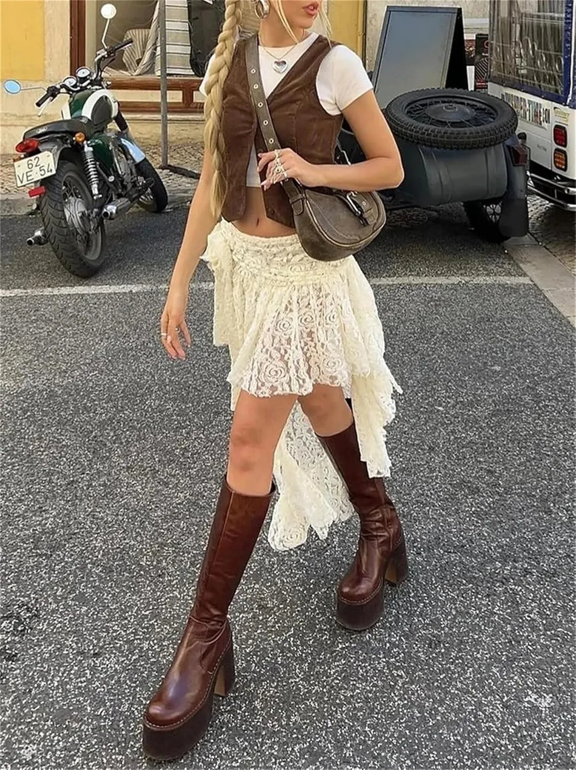 Y2K Lace Mini Skirt for Women Fairy Asymmetrical Layered Flowy Short Skirt High Waist Pleated Ruffle Half Slip Skirt