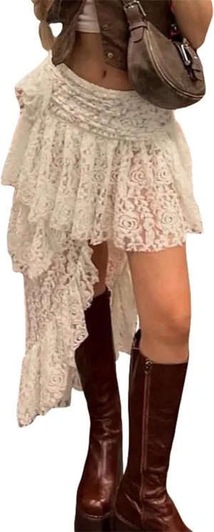 Y2K Lace Mini Skirt for Women Fairy Asymmetrical Layered Flowy Short Skirt High Waist Pleated Ruffle Half Slip Skirt